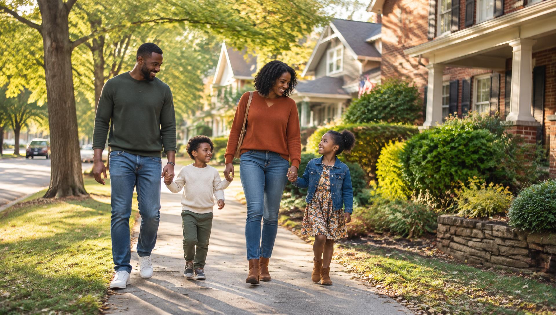A happy family walking through the West Highlands neighborhood