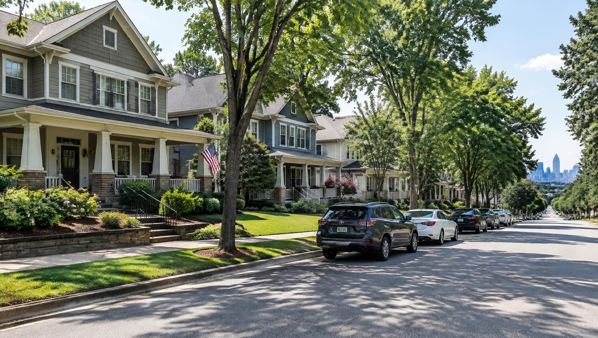 Cars parked along a tree-lined neighborhood street