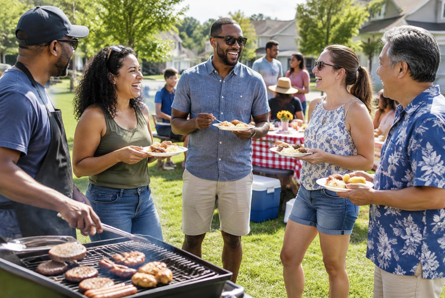 Neighbors gathered around the grill at a community barbecue